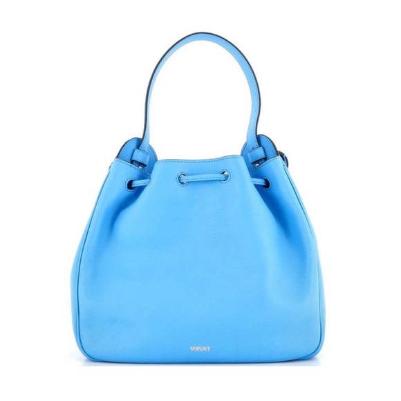 NEW! VERSACE La Medusa Blue Leather Drawstring Hobo Satchel Bucket Bag Travel - Picture 6 of 17